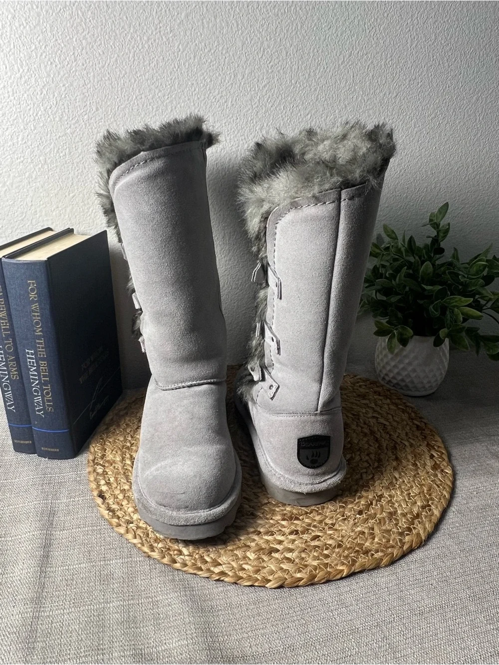 BEARPAW Emery 2502W Gray Suede Faux Fur Tall Boots Women’s Size 6